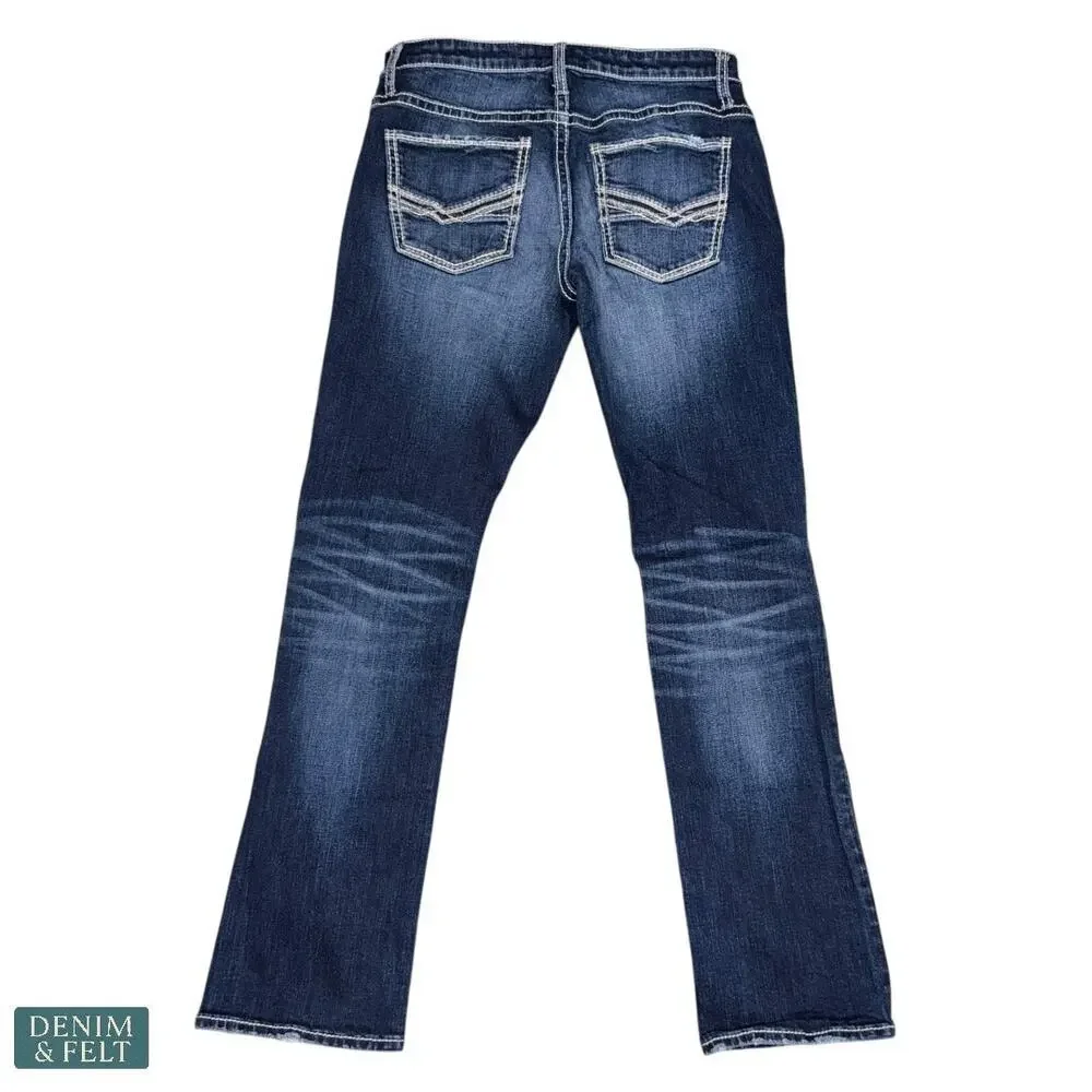 BKE Men’s Distressed Bootcut Jeans Button Fly Dark Wash Denim 33x28 NEW